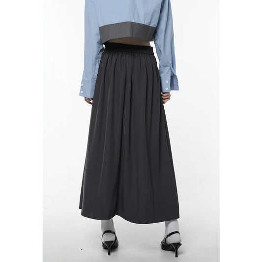Spring Vintage Grey Women Skirt High Waist American Style College Style Pleated Suit Skirt Ladies Medium and Long A-line Skirt