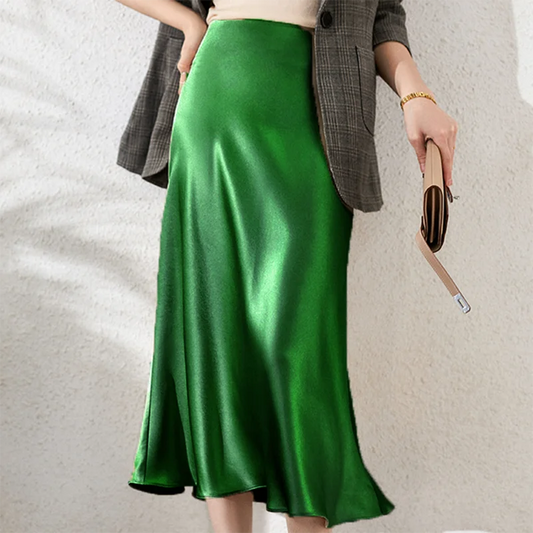 Summer High-waisted Skirt for Women Green A Line Silk Satin Skirt Basic Female Black Elegant Solid Midi Long Skirts 2023 Trends
